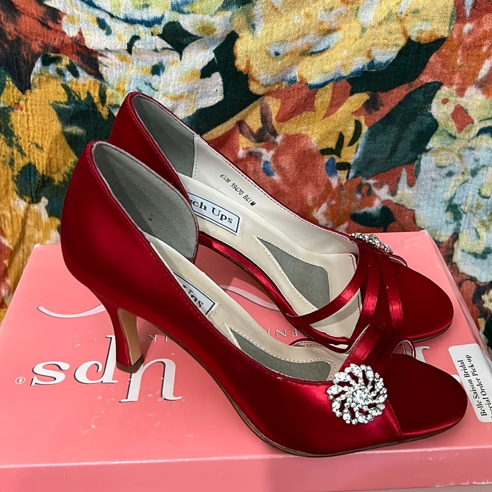 Touch ups! Satin red with rhinestone detail.